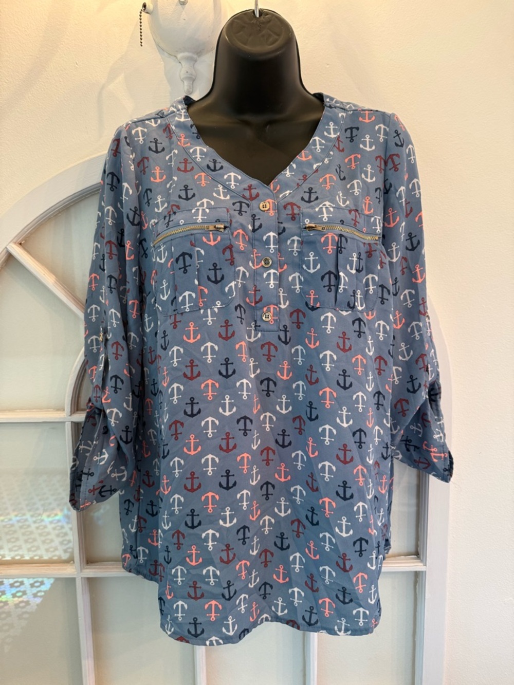Nautical Anchor Print V-Neck Blouse beach yacht club boating Roll‎ tab Sleeve
